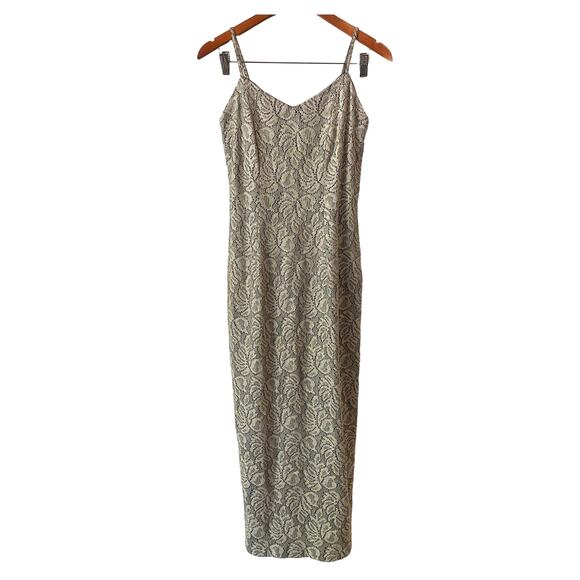 Vintage Formal Midi Dress US 7/8 Floral Silver Beige Bodycon Gown Classic Glam - Picture 2 of 10